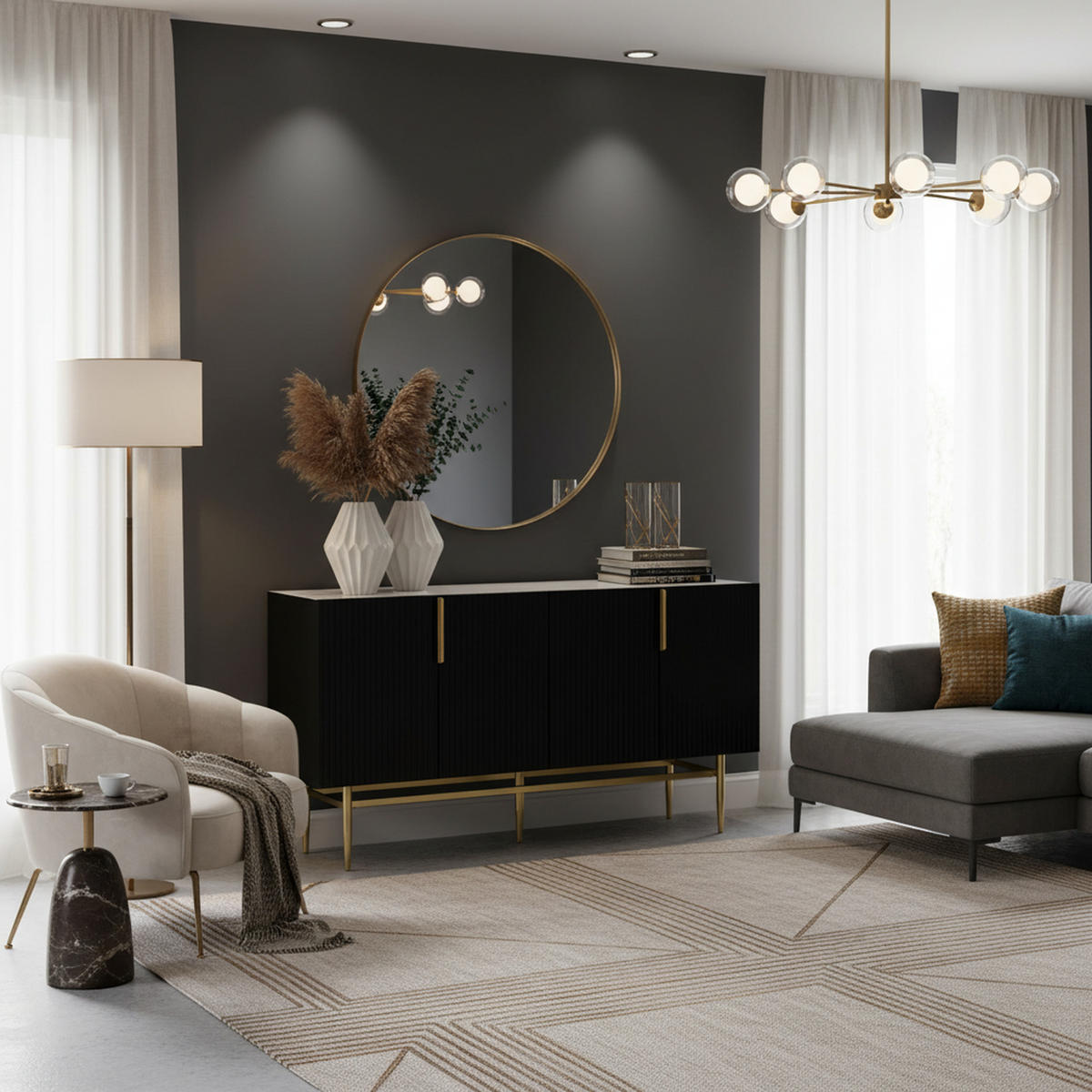 SIDEBOARD mit 4 Türen und Goldakzenten, 152.5/40.5/80cm - Schwarz, Holzwerkstoff (152.5/80/40.5cm) - Urban Meuble