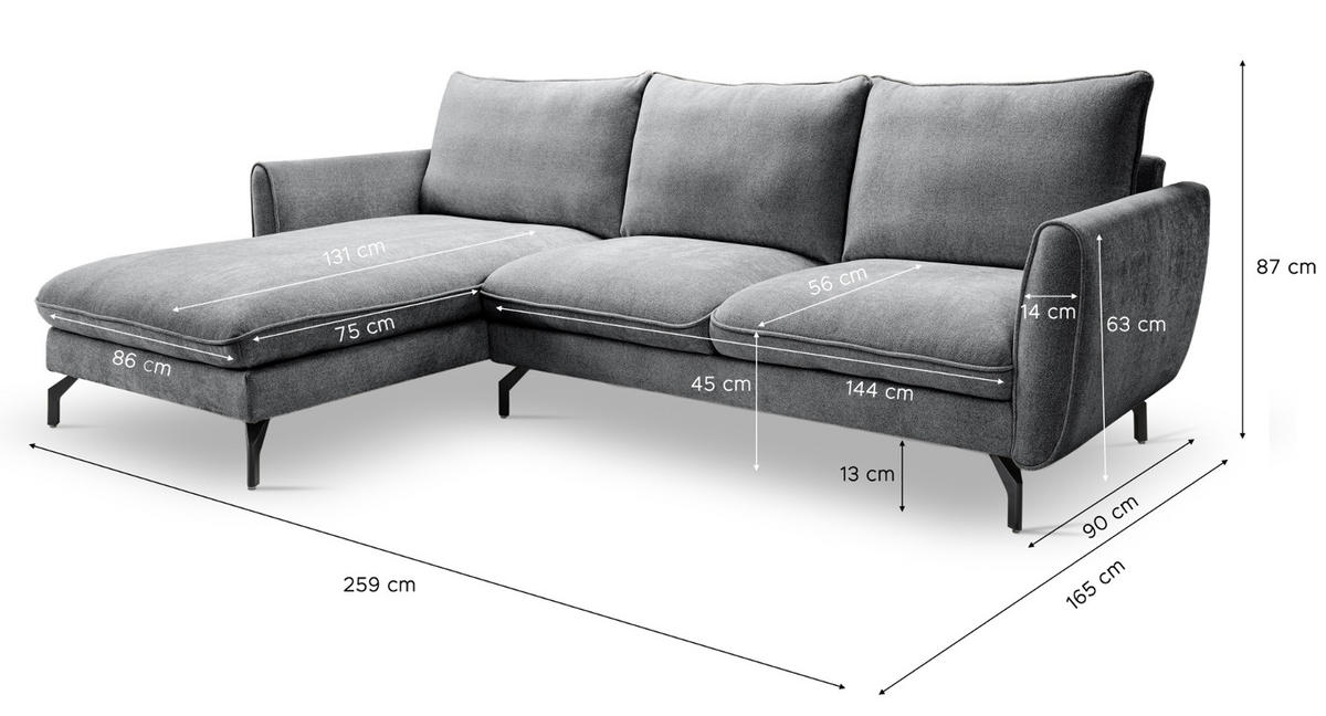 SOFA grau Webstoff 259 x 167 cm, Ecksofa 5-Sitzer, L-Sofa Ottomane links - Schwarz/Grau, Holz/Textil (259/167cm) - Inn.Furn