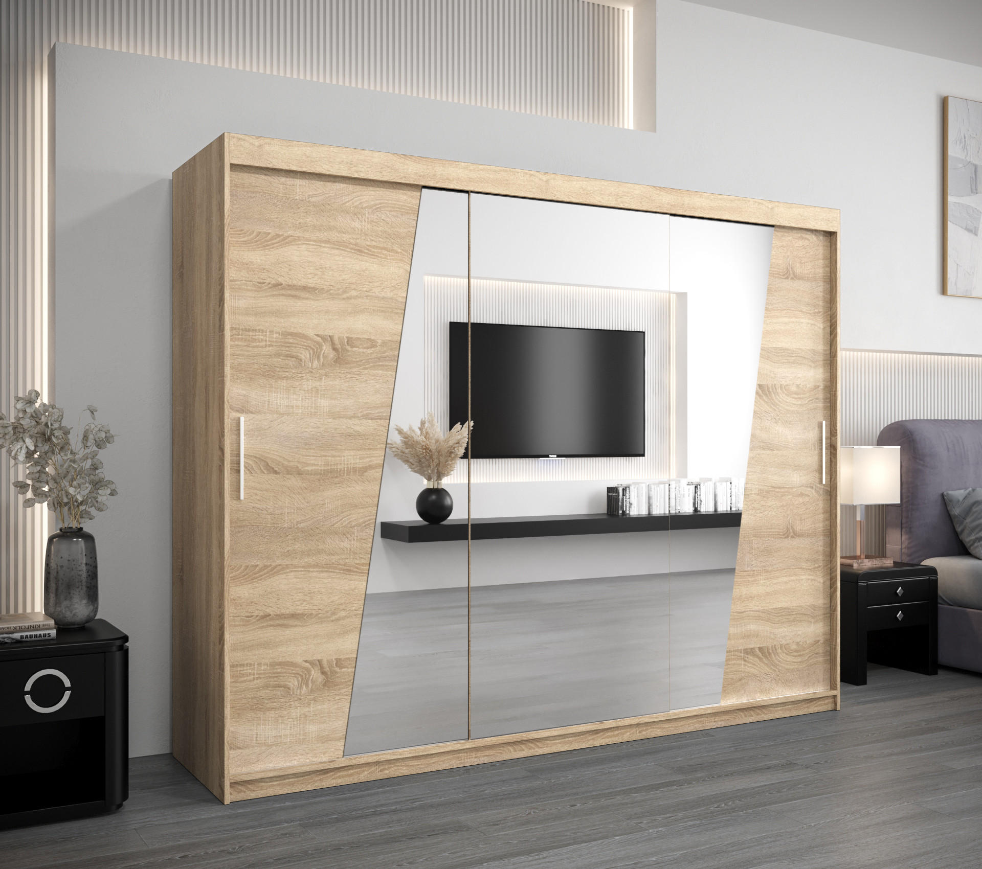 SCHWEBETÜRENSCHRANK 200/250/62 3-türig - Silberfarben/Sonoma Eiche, Holz/Kunststoff (250/200/62cm) - MÖBEL KRYSPOL