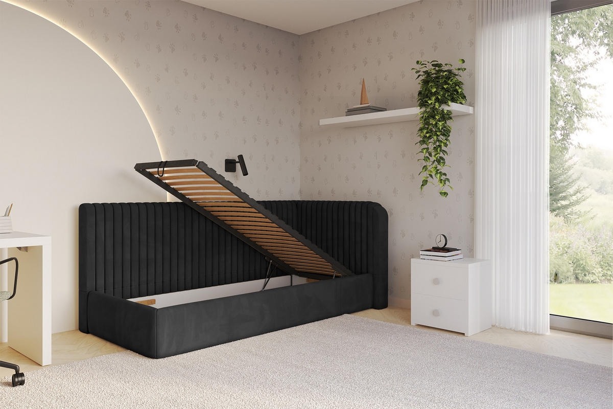 EINZELLBETT Jugendbett mit Bettkasten, Links - AURY 100x200 Schwarz - Schwarz, Holzwerkstoff/Textil (100/200cm) - ALTDECOR