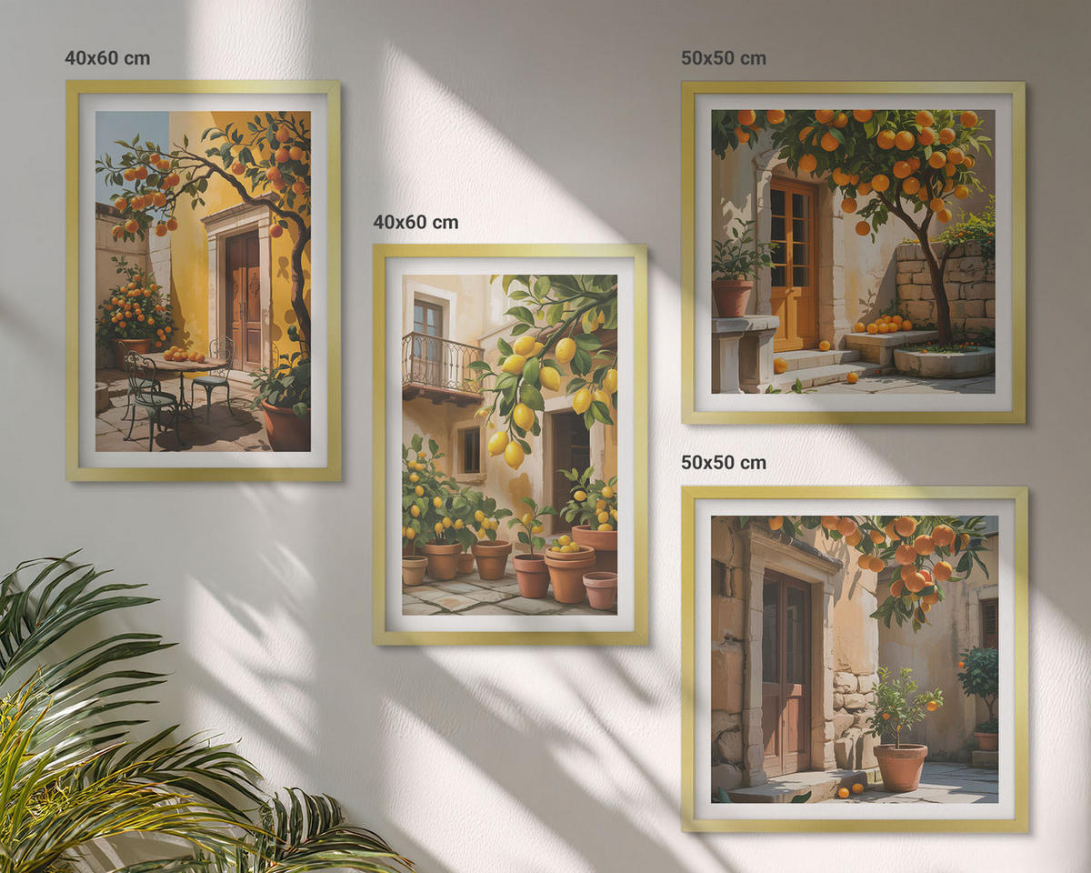 WANDBILDER 4er Set - 50x50 cm & 40x60 cm Goldrahmen - Zitrusfrüchte in der Sonne - Goldfarben, Kunststoff (50/50cm) - ArtPrintCave