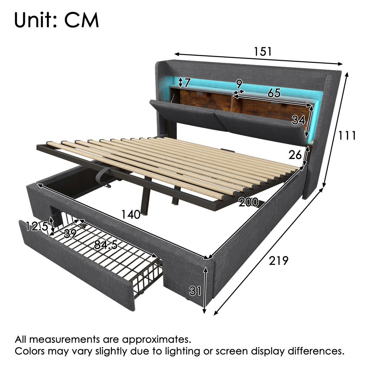 POLSTERBETT 140/200 cm mit LED, USB/USB-C, hydraulischem Stauraum und Kopfteil mit Ablage, Leinen, Grau - Grau, Textil (140/200cm) - Redom