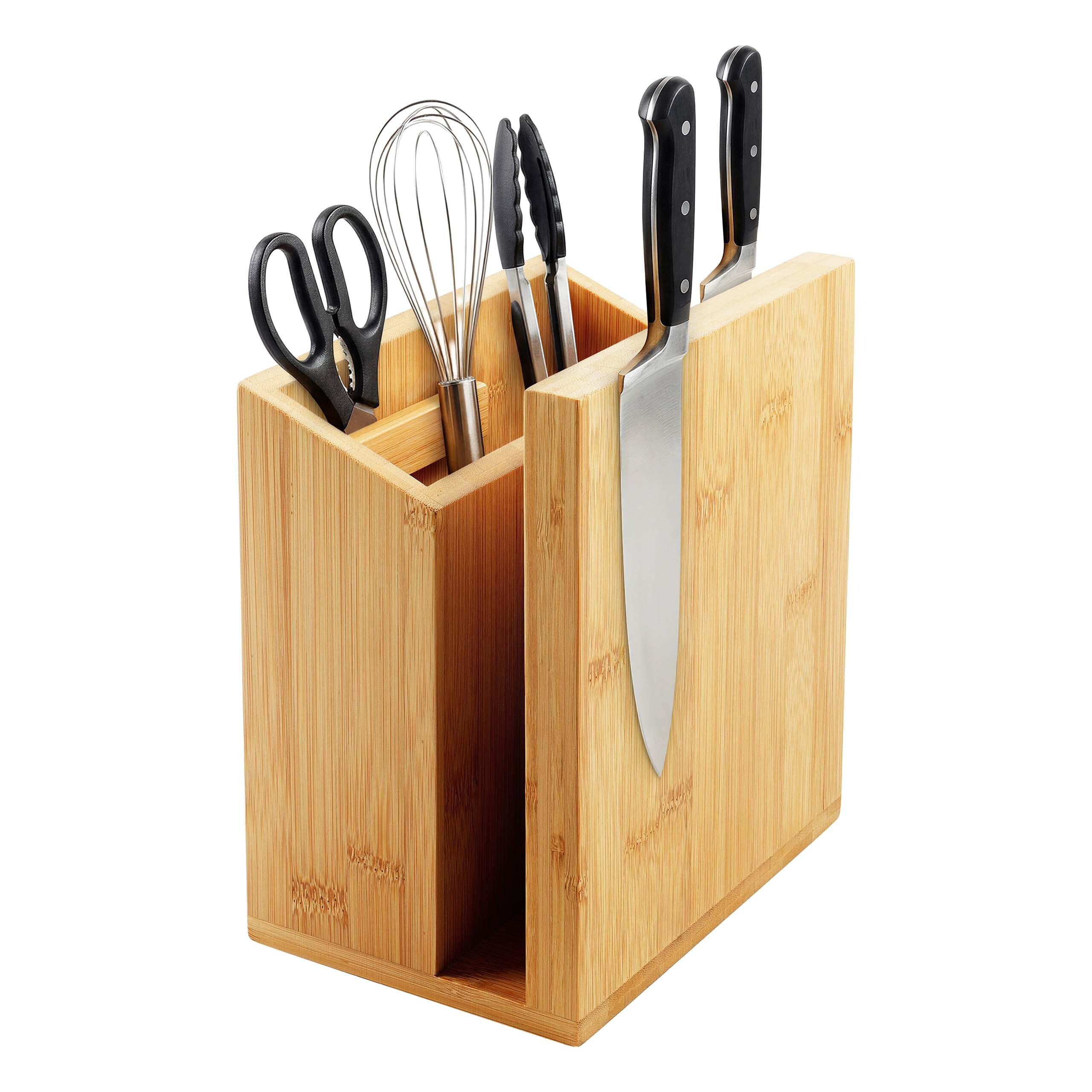 MESSERBLOCK Natur Bambus magnetisch mit Utensilienhalter 21,5 cm - Hellbraun, Holz (19/21.5/13cm) - Relaxdays