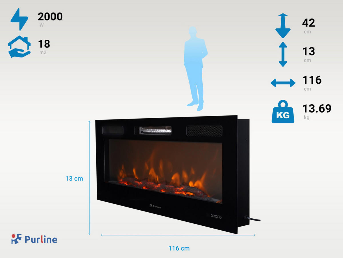 ELEKTROKAMIN Schwarz Wandmodell mit Heizung 2000 W - Schwarz, Glas (116/13/42cm) - Purline
