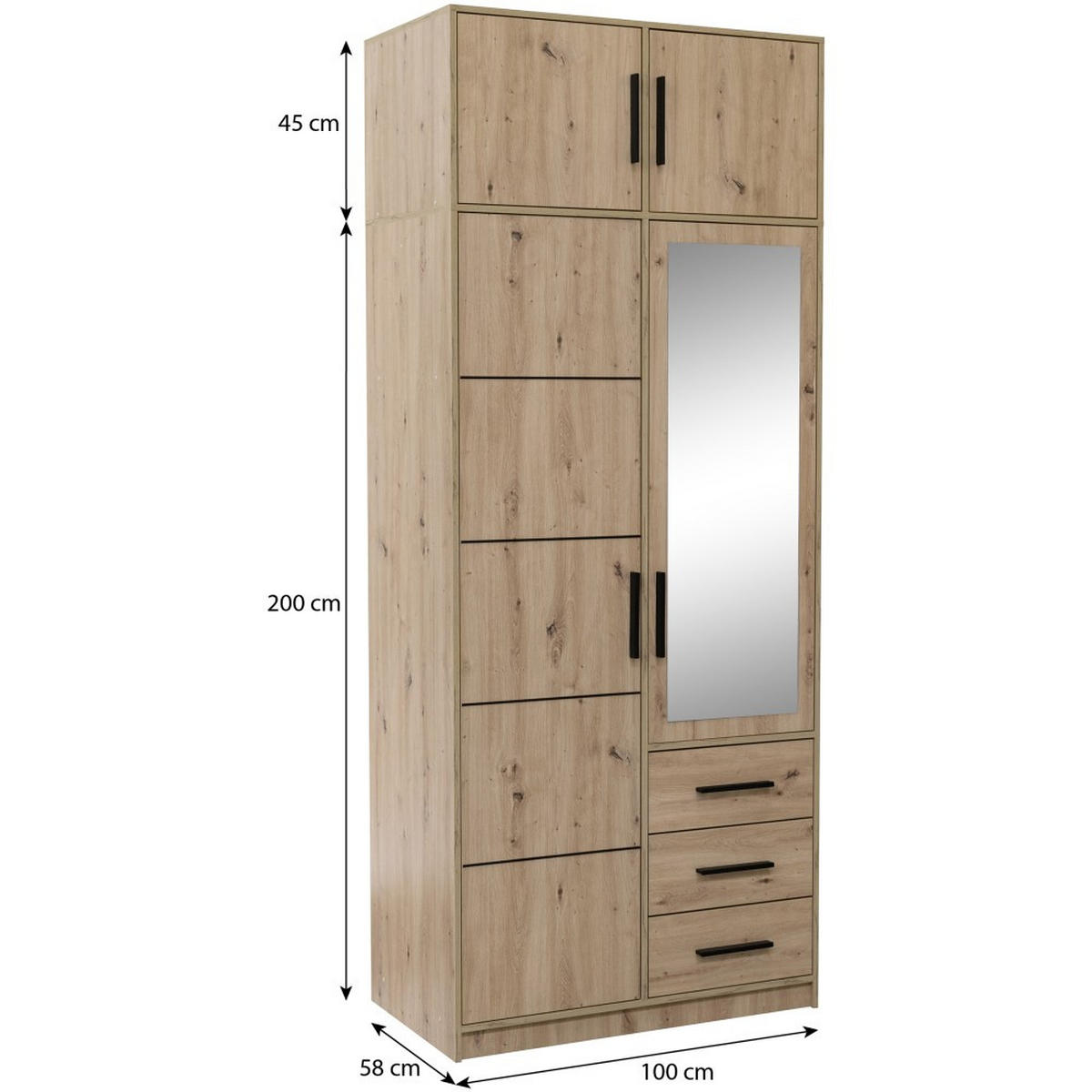 DREHTÜRENSCHRANK Kavo mit Aufsatz, Spiegel und 2 Türen, eiche Sonoma - Schwarz/Sonoma Eiche, Holzwerkstoff (100/245/58cm) - Beautysofa