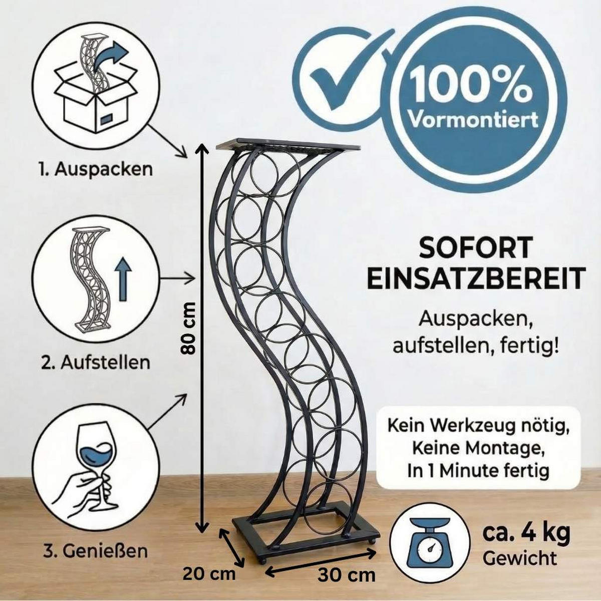 WEINREGAL Metall Schwarz 30/20/80 cm - Schwarz, Metall (30/80/20cm) - DanDiBo