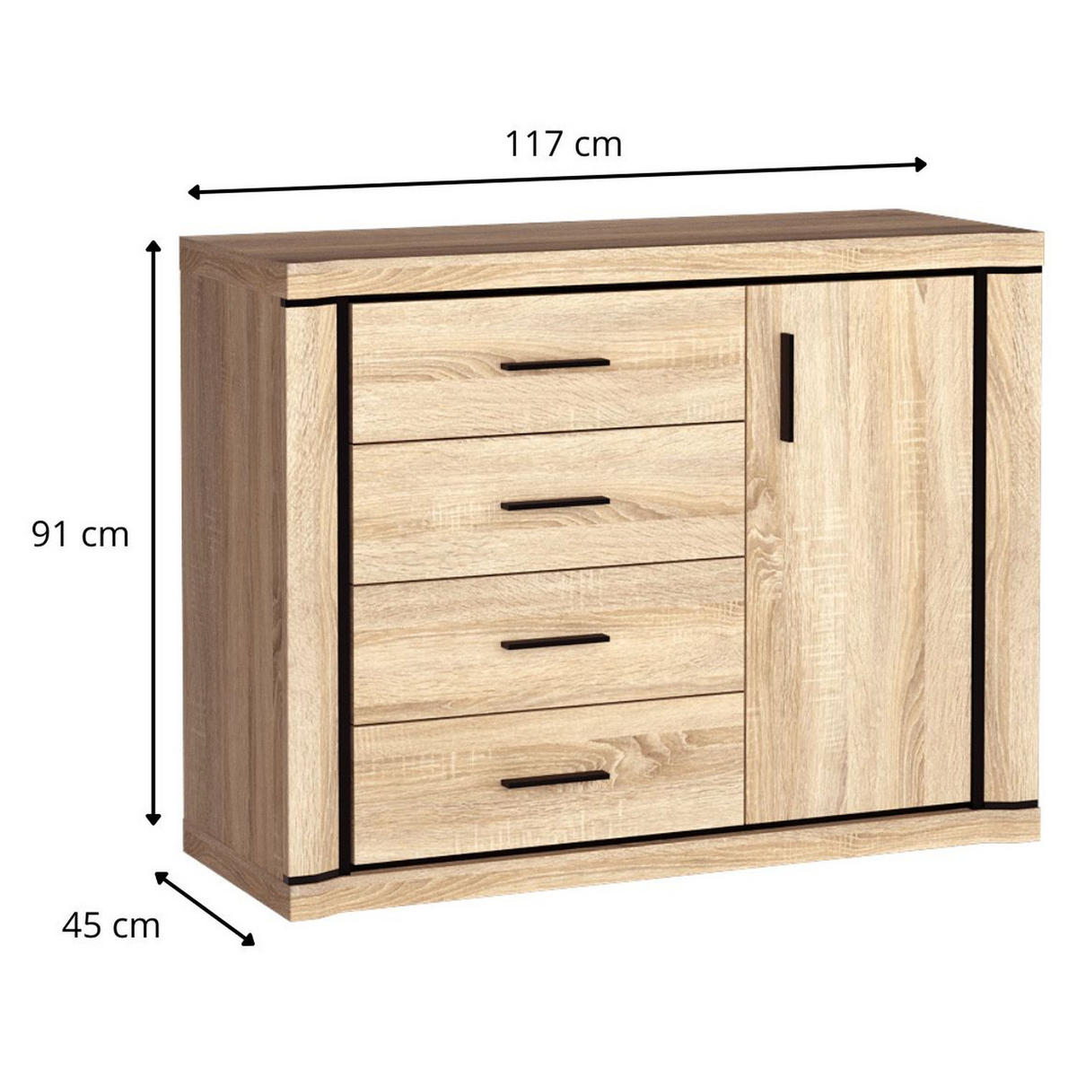 KOMMODE Dallas D-3 117 x 91 x 45 cm Eiche Sonoma - Sonoma Eiche, Holzwerkstoff/Kunststoff (117/91/45cm) - Koseto