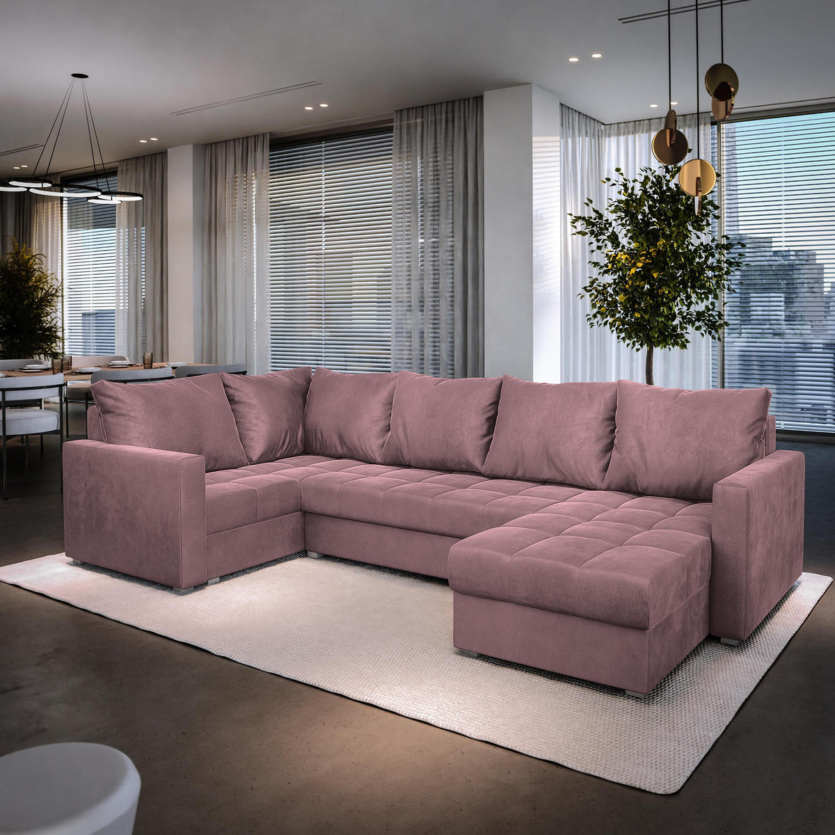 WOHNLANDSCHAFT LORIVO L-S Rosa Plüsch-Stoff mit Schlaffunktion - Rosa, Holz (285/85/150cm) - MASSENO