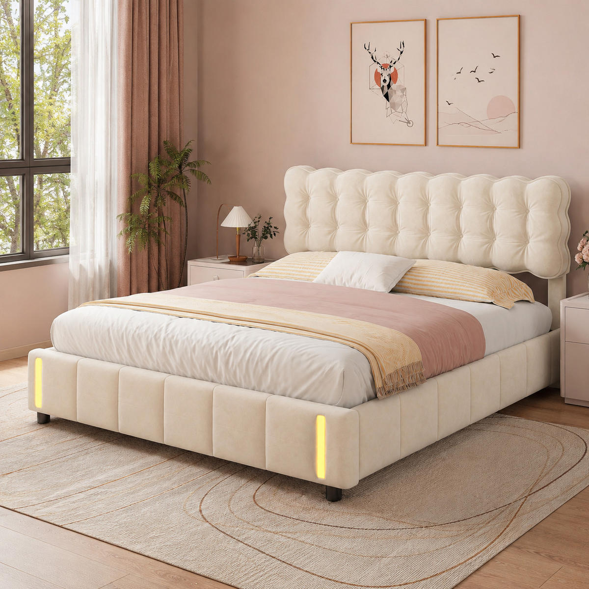 POLSTERBETT 140/190 cm Beige Samt mit LED & Gestepptem Kopfteil - Beige, Holz/Metall (140/190cm) - Joyfair