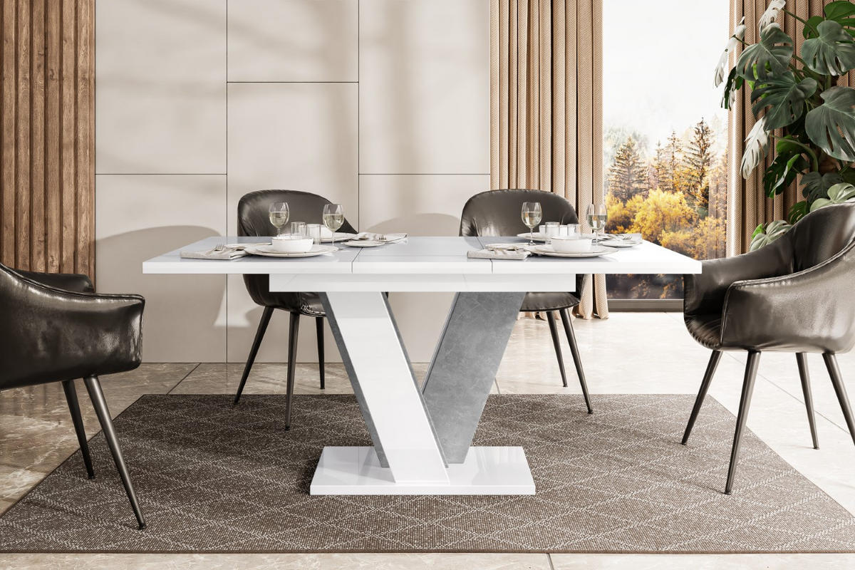 ESSTISCH ausziehbar 120 -160x90x75 cm - Hochglanz Weiß/Betonoptik - INEY - Weiß Hochglanz, Holzwerkstoff (120/90/75cm) - ALTDECOR