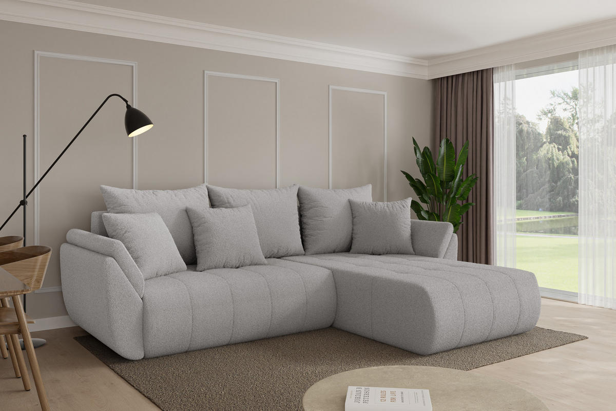 ROHOVÁ SEDAČKA s funkcí spaní, otoman vpravo TOKO-L 277x194x86 světle šedá bouclé - černá/stříbrná, kompozitní dřevo/textil (277/194cm) - ALTDECOR