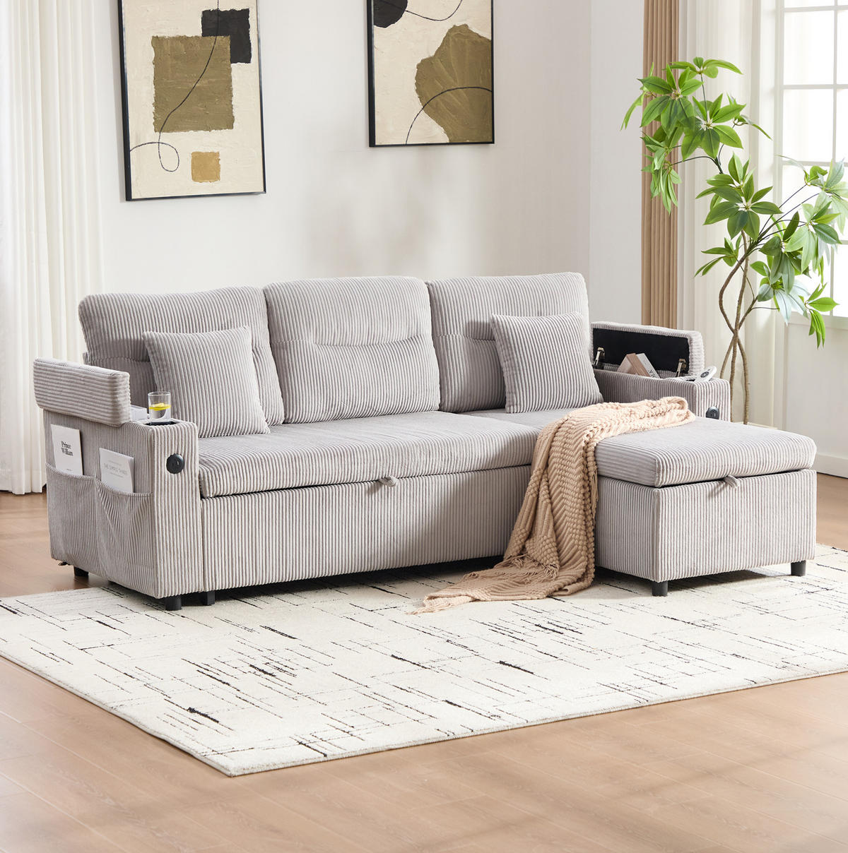 ECKSCHLAFSOFA 3-Sitzer Cord mit Schubladenbett und USB-Anschluss Hellgrau 212,5/136/86 cm - Hellgrau, Textil (136/212.5cm) - Redom