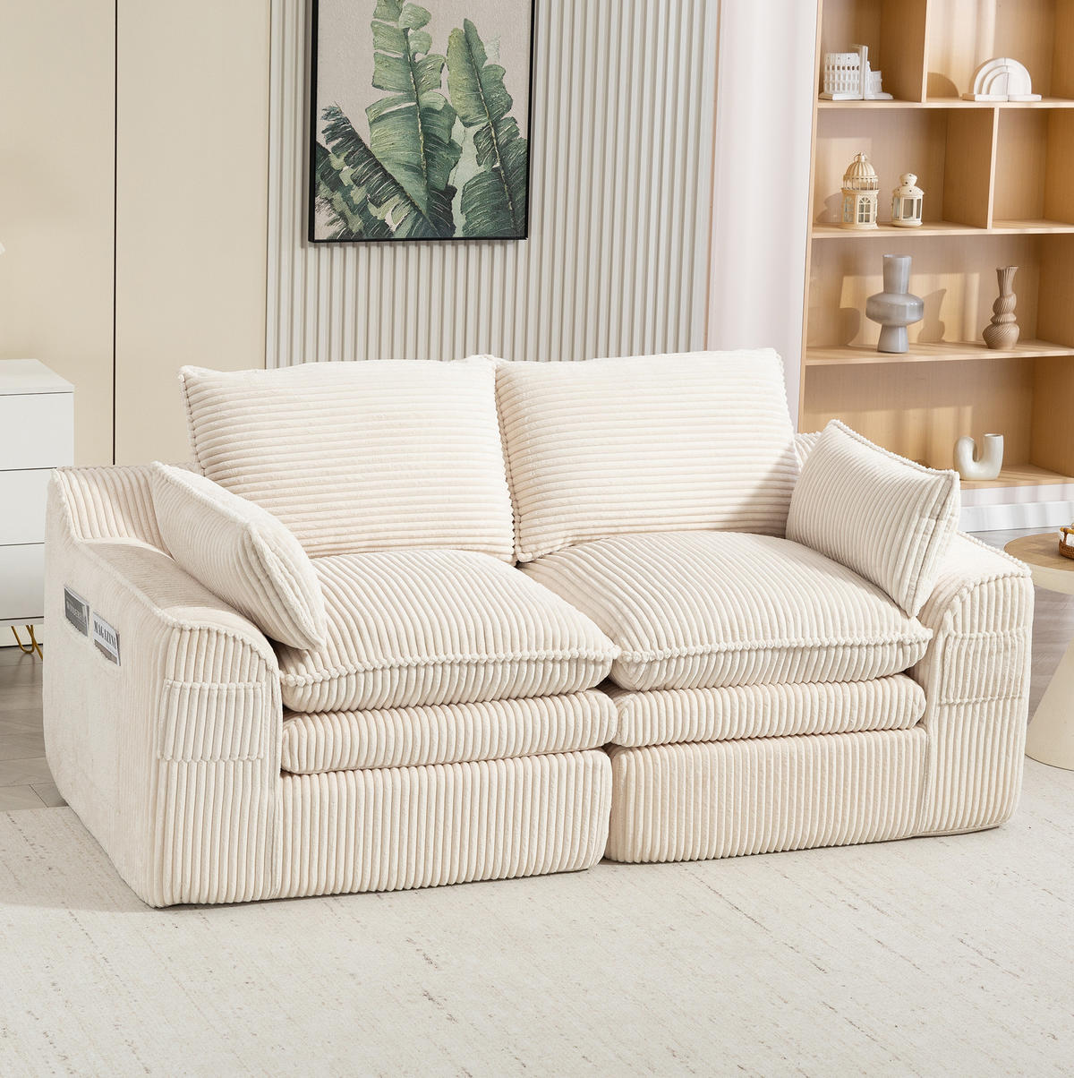 2-SITZER-SOFA aus Cord 191x94x85 cm Beige mit Seitentaschen, Kissen und Federkern - Beige, Textil (191/85/94cm) - Modfu