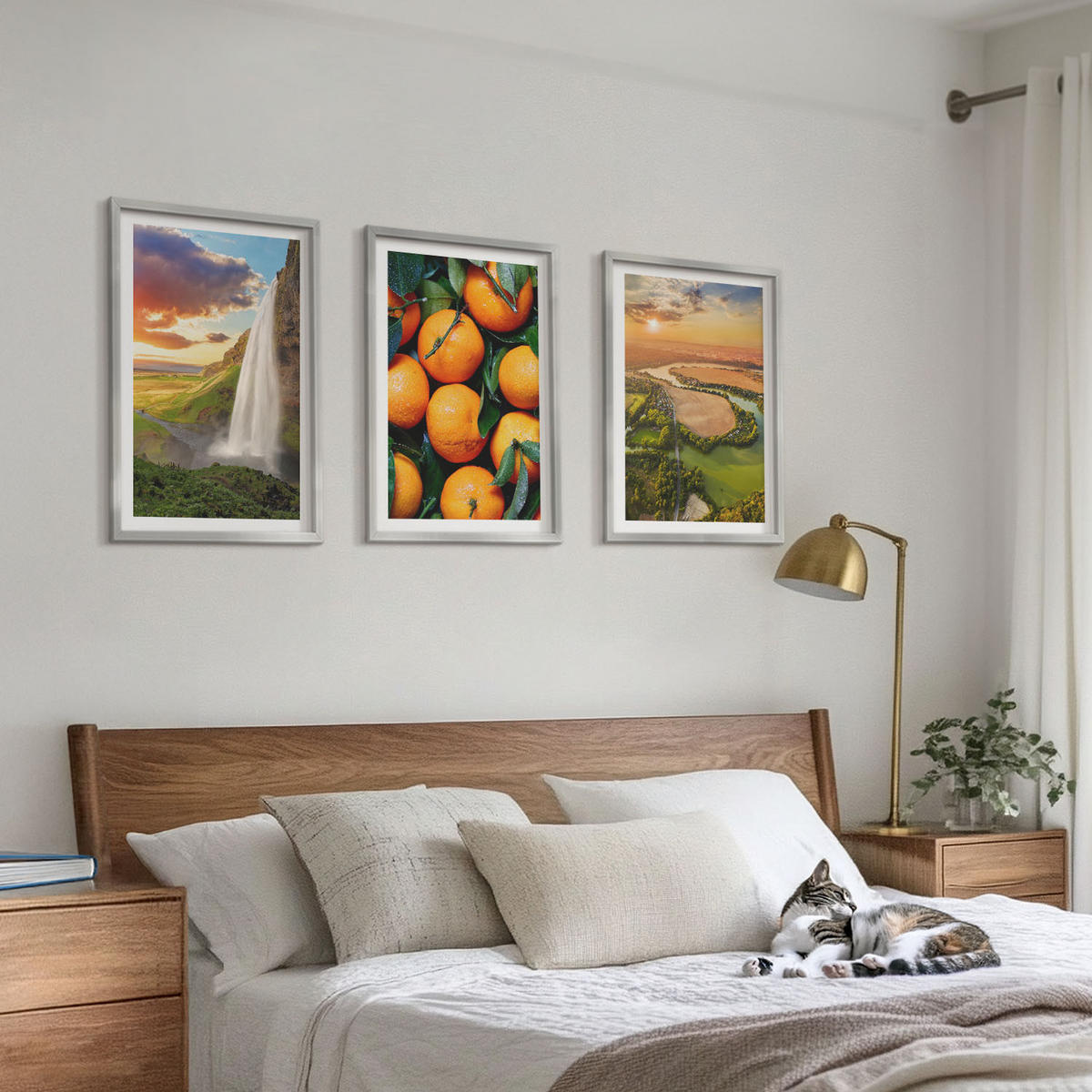 BILDER SET 3er Set - 40x60 cm Silberner Rahmen - Orange Mountain Wasserfall - Silberfarben, Kunststoff (40/60cm) - TULUP
