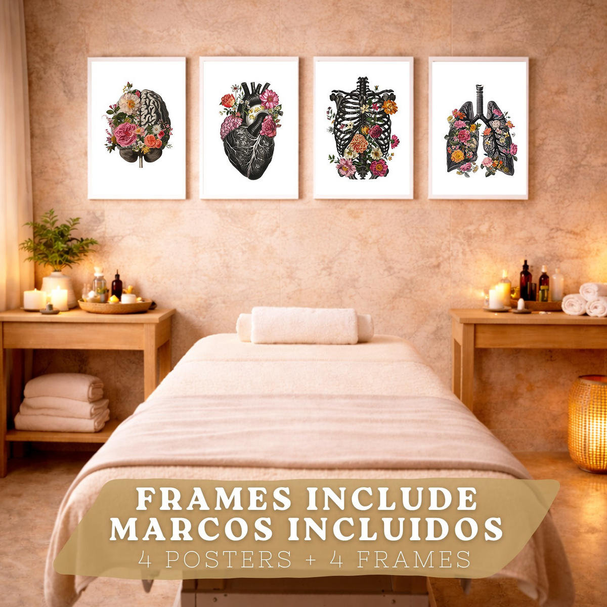 POSTER Set aus 4 Anatomie Drucke und Dekorative mit Gehirn Herz Lungen Atmungssystem Rippen Wirbelsäule Modernes Florales Größe Weißer Rahmen A4 - Weiß, Papier (21/29.7/3cm) - Nacnic