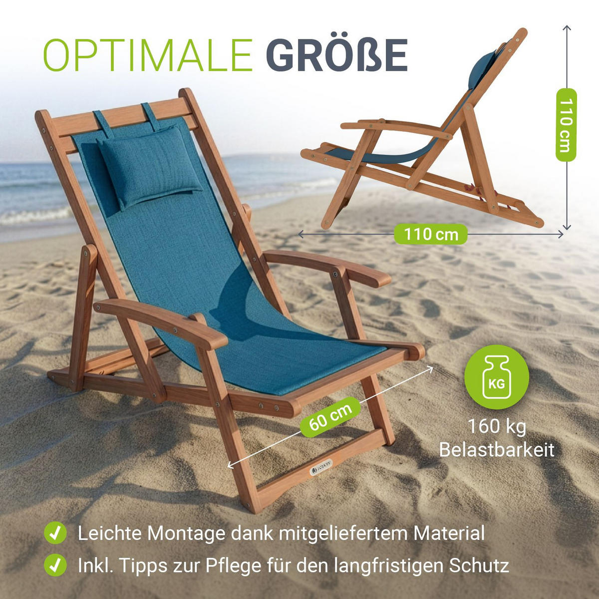SONNENLIEGE Tavira Akazie petrol klappbar 2er-Set - Petrol, Holz (60/110/110cm) - Juskys