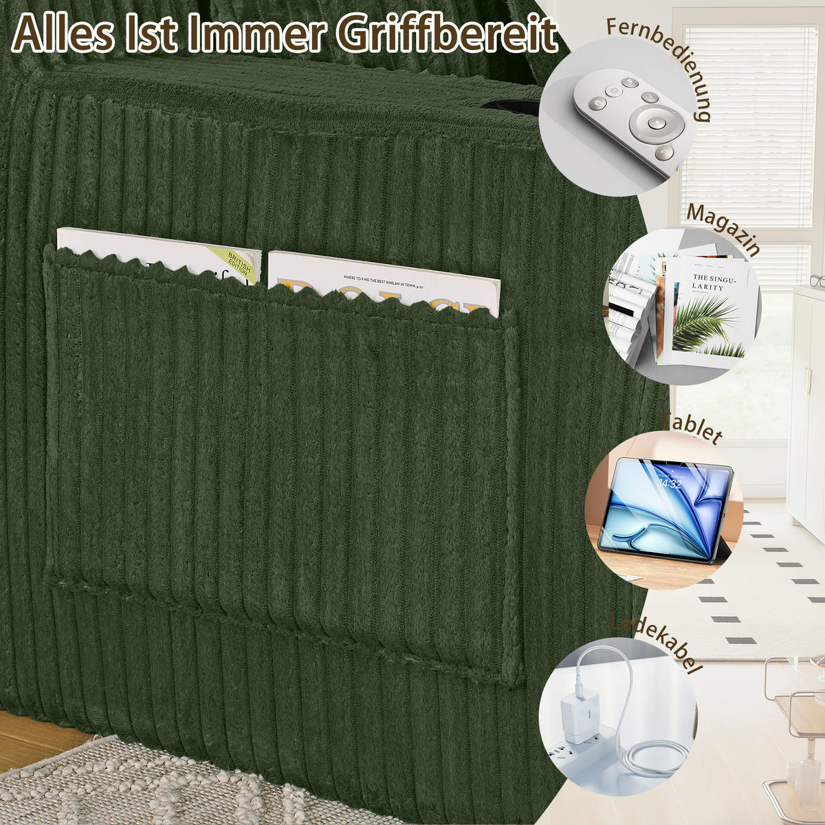 SCHLAFSOFA 186/154/78 cm Grün Cord mit seitlicher Magazintasche und Getränkehalter - Grün, Textil (186/78/154cm) - Oxeza