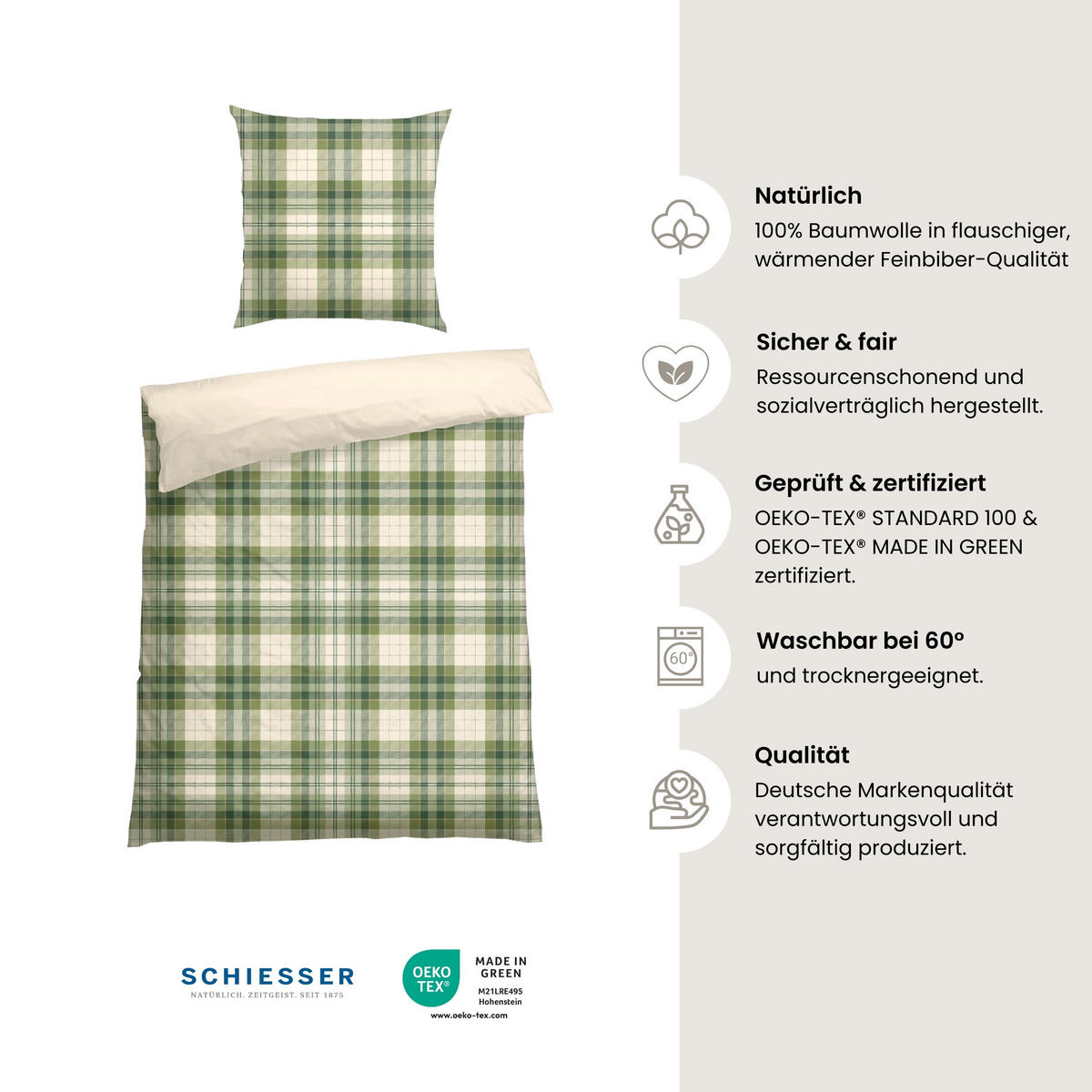 BETTWÄSCHESET Morris - Feinbiber - 2-teilig - 135 x 200 cm - Grün - Grün, Textil (135/200cm) - SCHIESSER