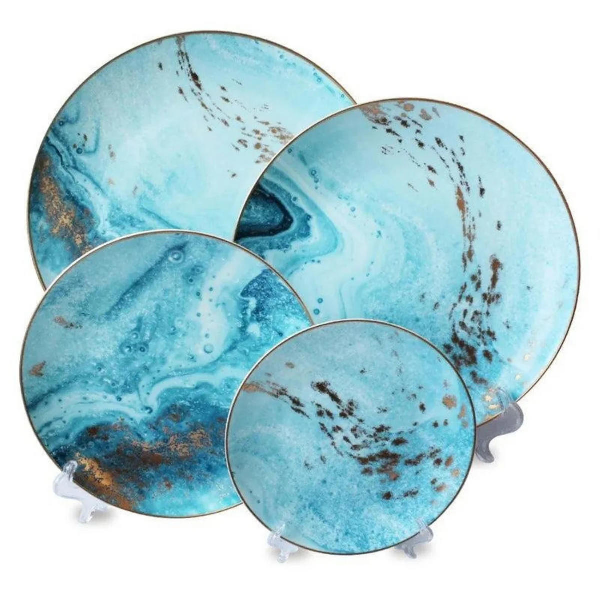 TELLERSET Blau Goldrand Bone China Blau Gold 4tlg Ø30 Ø26 Ø20 Ø16 cm - Goldfarben/Hellblau, Keramik (30/2/2cm) - Quality Elegance