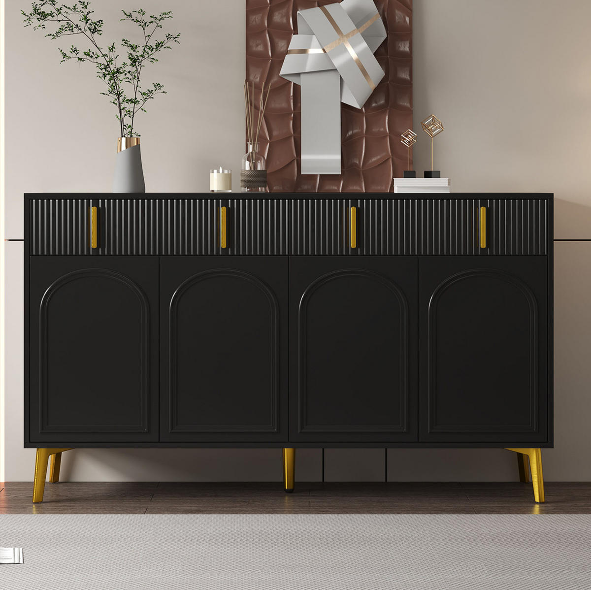 SIDEBOARD aus MDF 140x38x82 cm Schwarz mit 4 Türen, 4 Schubladen und goldfarbenen Akzenten - Schwarz, Holzwerkstoff (140/82/38cm) - IVMEU
