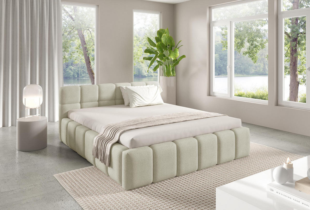 POLSTERBETT NUBO Medium 160x200 cm mit Bettkasten – QUELLE 02 - Creme, Holz - Dekori_Interiors