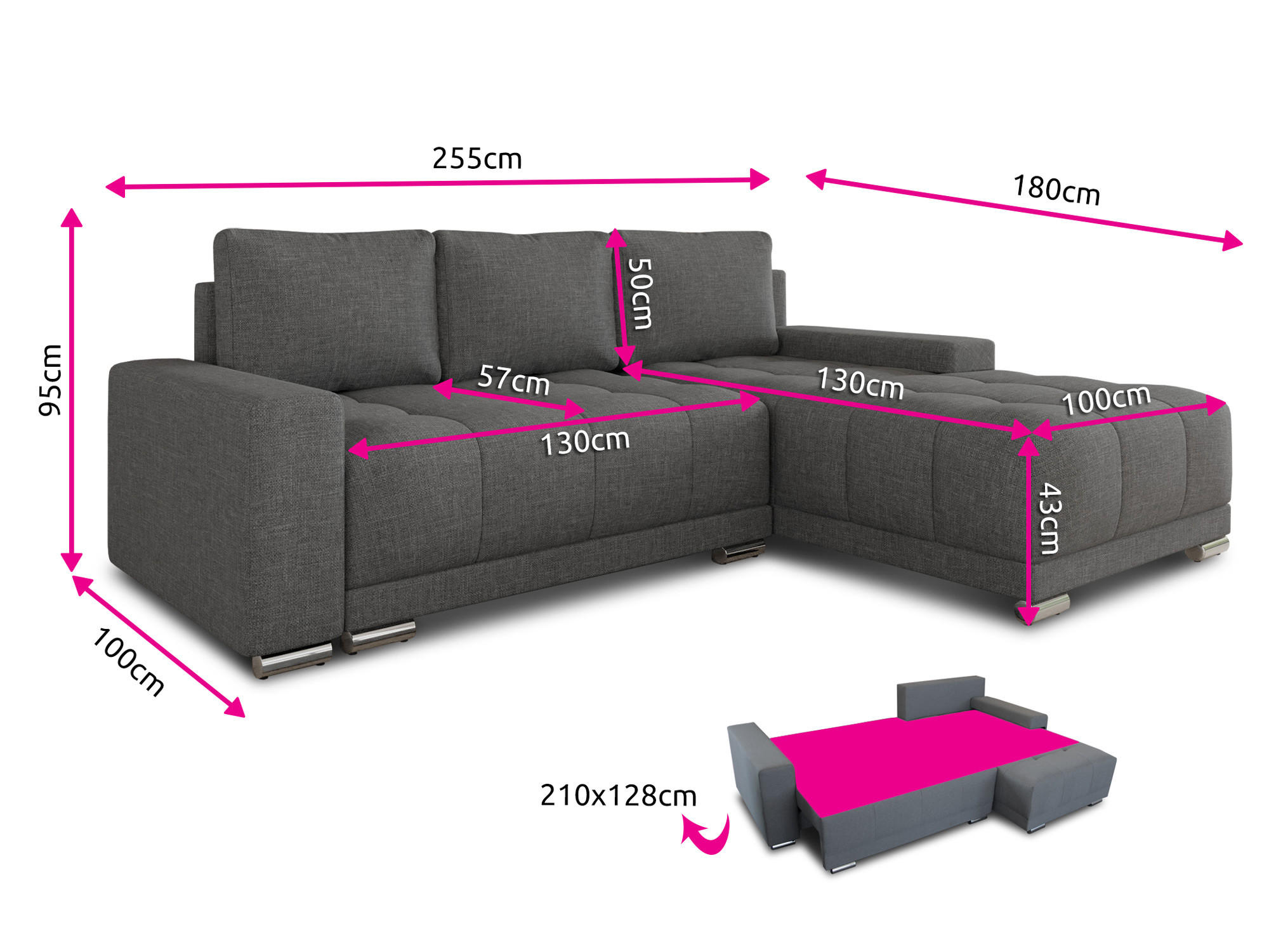 Thumbnail - Sofnet Ecksofa, Grau, Textil, 5-Sitzer, L-Form,Rechteckig, 255x180 cm, Wohnzimmer, Sofas & Couches, Wohnlandschaften, Ec...
