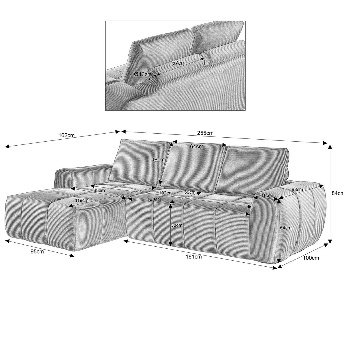 ECKSOFA mit segmentierter Polsterung, Taschenfederkern und abnehmbaren Kissen, Taupe - Taupe, Textil (255/162cm) - Redom
