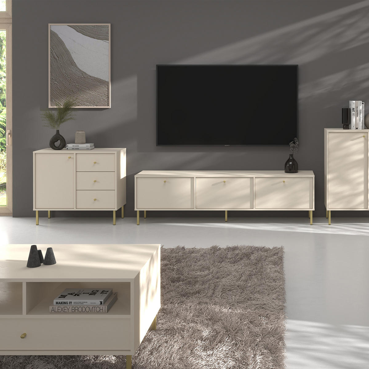 KAFFEETISCH FLOREN, Creme/Gold - Creme, Holzwerkstoff/Metall (65/100.2/50cm) - KONSIMO®