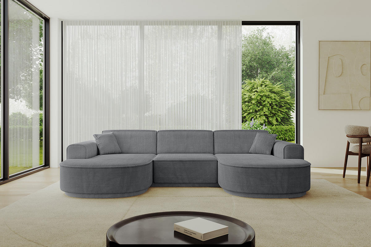 WOHNLANDSCHAFT MARI-U1 - 295x163x81 cm Dunkelgrau Cord - Dunkelgrau/Schwarz, Holzwerkstoff/Kunststoff (295/81/163cm) - ALTDECOR