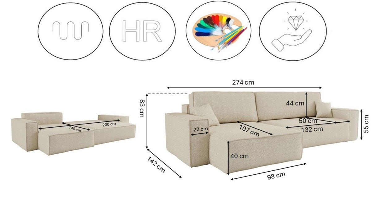 ECKSOFA Mit Schlaffunktion Und Bettkasten, Eckcouch BEST XL Stoff Quelle Ecru Links - Ecru/Schwarz, Holz/Kunststoff (142/274cm) - Kaiser Möbel