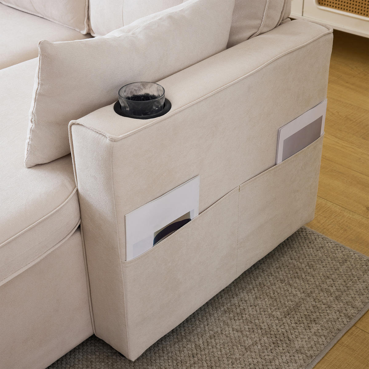 SCHLAFSOFA L-Form mit Stauraum und Getränkehalter - Beige, Textil (211/86/129.5cm)