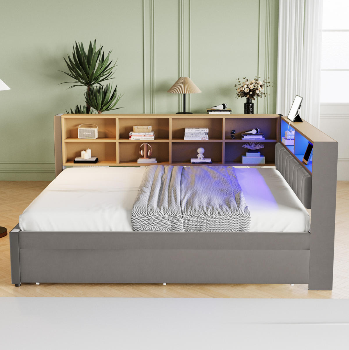 BETT 140/200 cm mit Ausziehbett 90/190 cm, LED und USB-/Type-C-Anschlüssen - Dunkelgrau, Textil (140/200cm) - Flora Grace