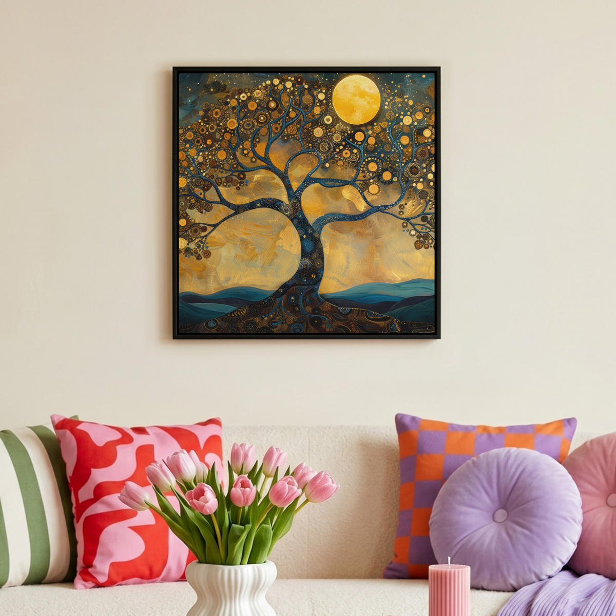 LEINWAND Bilder mit Rahmen - Baum - Mond - Blumen - Gold - Kunst - 50x50 - Orange, Textil (50/50cm) - MuchoWow