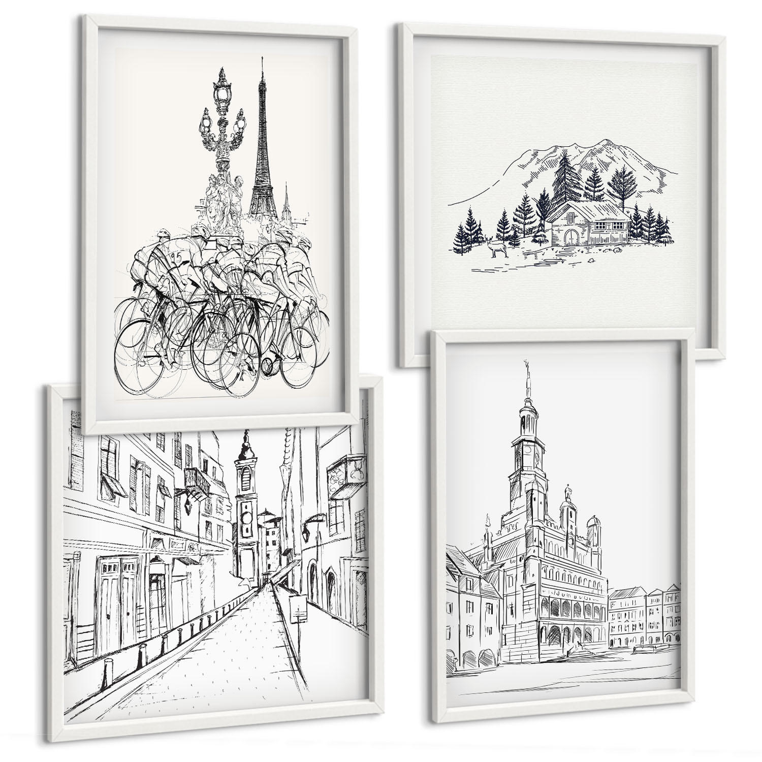 BILDER SET 4er Set - 50x50 cm & 40x60 cm Weißer Rahmen - Einfache Zeichnungen von Stadtansichten - Weiß, Kunststoff (50/50cm) - TULUP