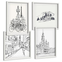 BILDER SET 4er Set - 50x50 cm & 40x60 cm Weißer Rahmen - Einfache Zeichnungen von Stadtansichten - Weiß, Kunststoff (50/50cm) - TULUP