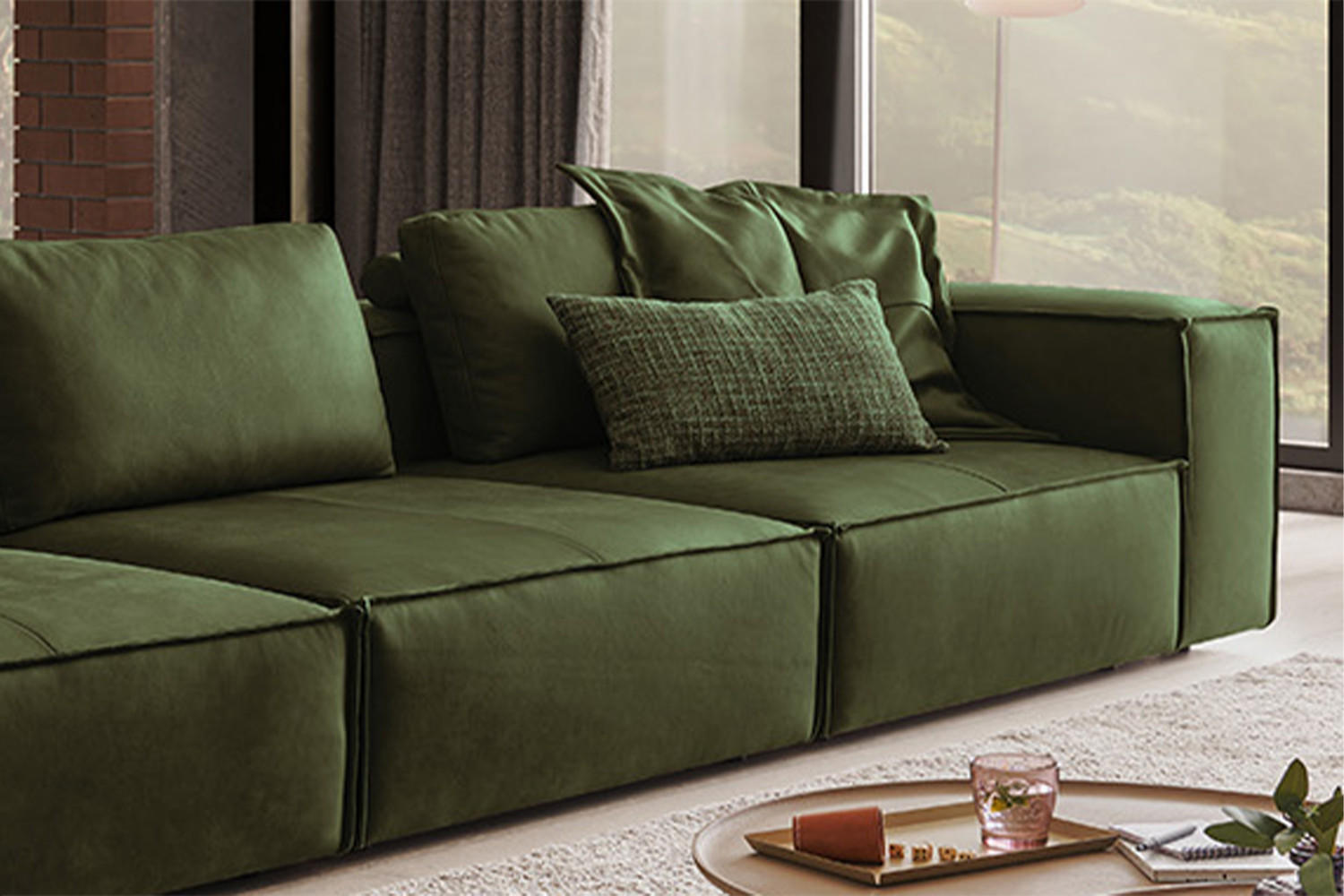 SOFA CARMO Grün Leder - Schwarz/Olivgrün, Leder/Kunststoff (366/68/118cm) - KAWOLA