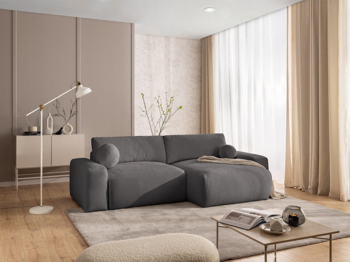 ECKSOFA Puffy mit Schlaffunktion und Bettkasten - besonders weich und puffig aus Taupe Webstoff - Ottomane rechts - Taupe/Schwarz, Holz/Kunststoff (266/138cm) - S-Style Möbel