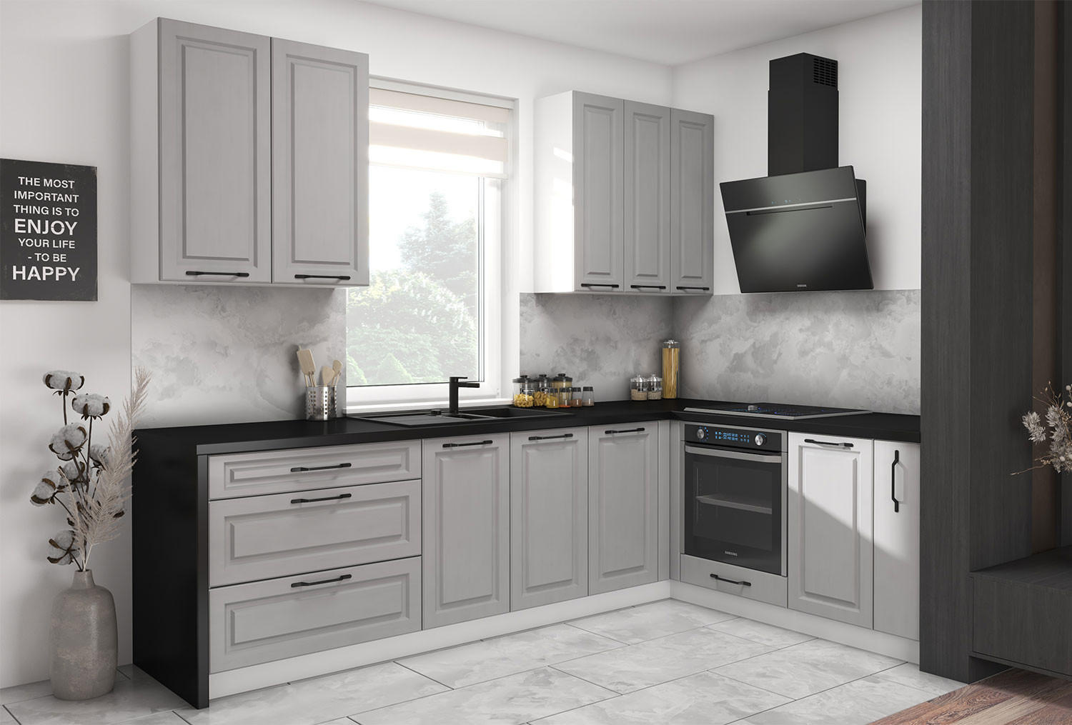 WINKELKÜCHE Elbing grey stone matt / weiß matt 9-teilig mit Vollauszug (HETTICH InnoTech Atira) - Weiß/Grau, Holzwerkstoff/Metall (275/228/186cm) - Feldmann-Wohnen