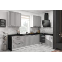 WINKELKÜCHE Elbing grey stone matt / weiß matt 9-teilig mit Vollauszug (REJS Comfort Box) - Weiß/Grau, Holzwerkstoff/Metall (275/228/186cm) - Feldmann-Wohnen
