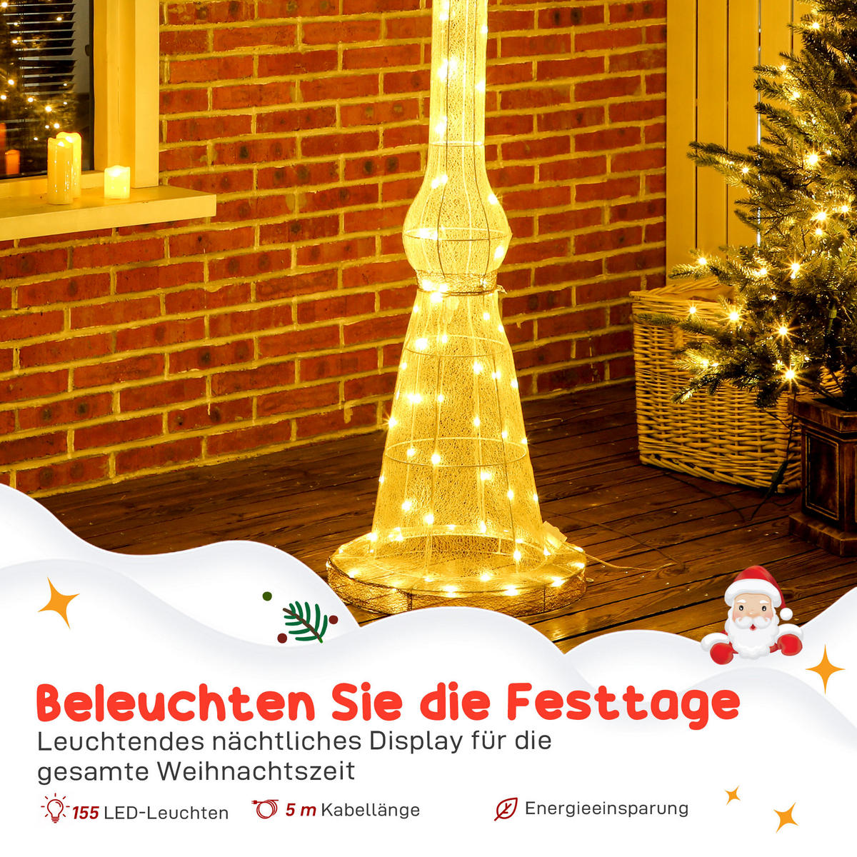 LATERNENPFAHL, 2,15 m beleuchtet, 155 LEDs, Weihnachtslaterne - Multicolor, Metall (44/215/44cm) - Outsunny