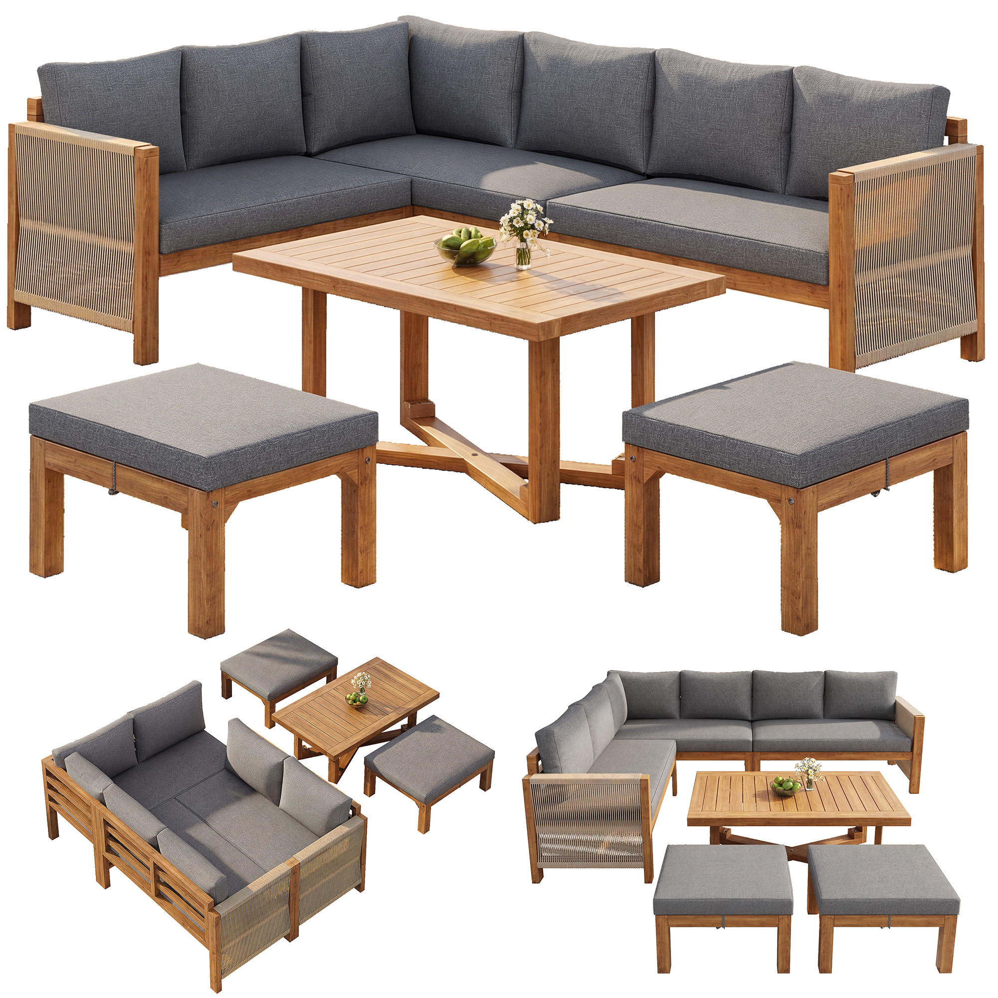 GARTENLOUNGE Akazienholz 6 Sitzer Ecksofa Tisch Hocker Kissen - Grau, Holz - FLIEKS