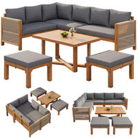 GARTENLOUNGE Akazienholz 6 Sitzer Ecksofa Tisch Hocker Kissen - Grau, Holz - FLIEKS