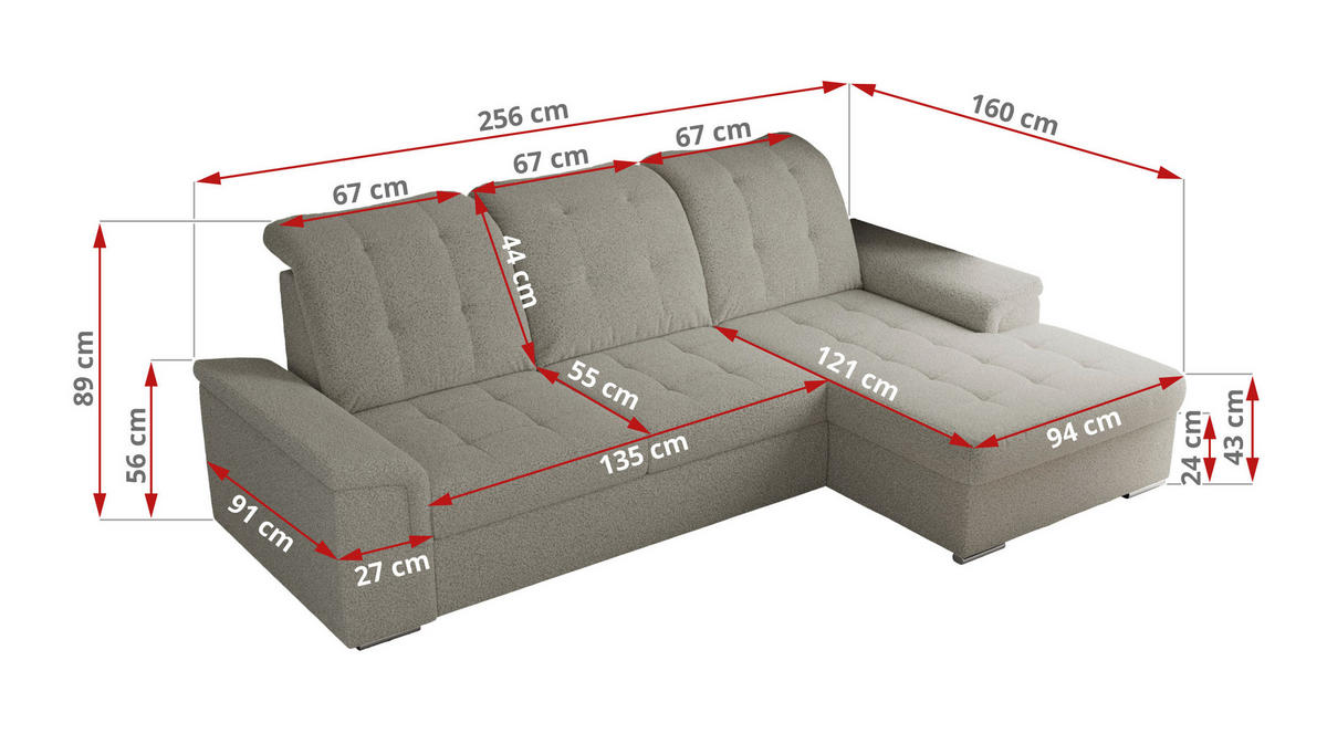 ECKSOFA MADRITO L - Hellgrau Boucle - Rechts - Silberfarben/Hellgrau, Textil/Metall (256/160cm)