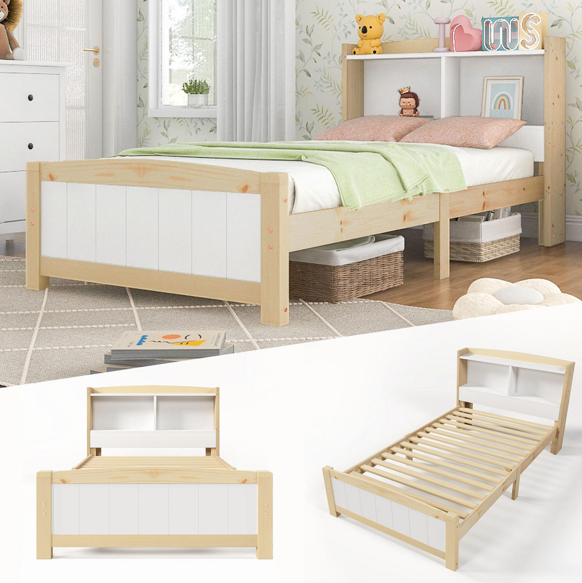 KINDEREINZELBETTEN aus Massivholz 90x200 cm in Weiß mit Stauraum-Kopfteil - Weiß, Holz (90/200cm) - Modfu