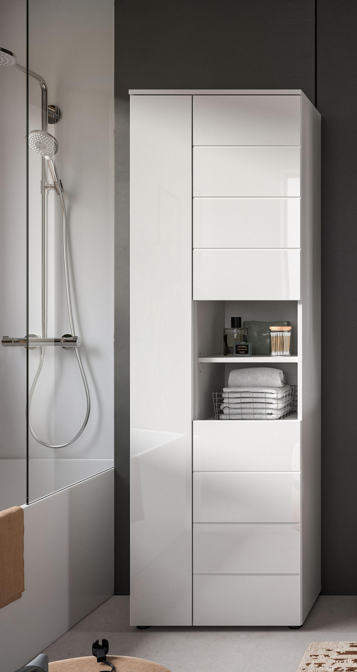 HOCHSCHRANK VIRA (B/H/T: ca. 60/190/34 cm) in weiß/weiß hochglanz - Weiß, Holzwerkstoff (60/190/34cm)