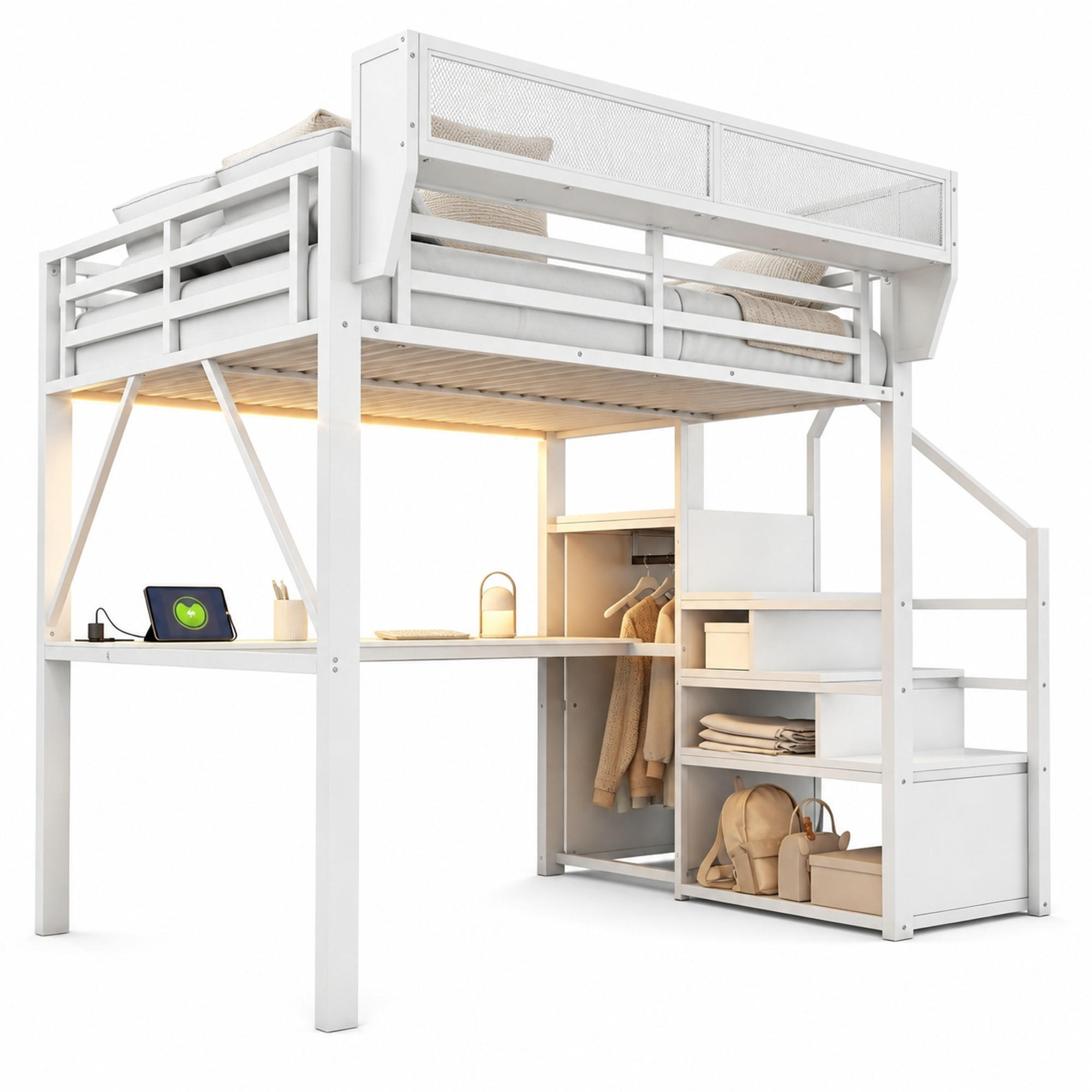HOCHBETT 140/200 cm aus Metall mit Schreibtisch und LED-Lichtleiste, Weiß - Weiß, Metall (140/200cm) - OKMYHOME