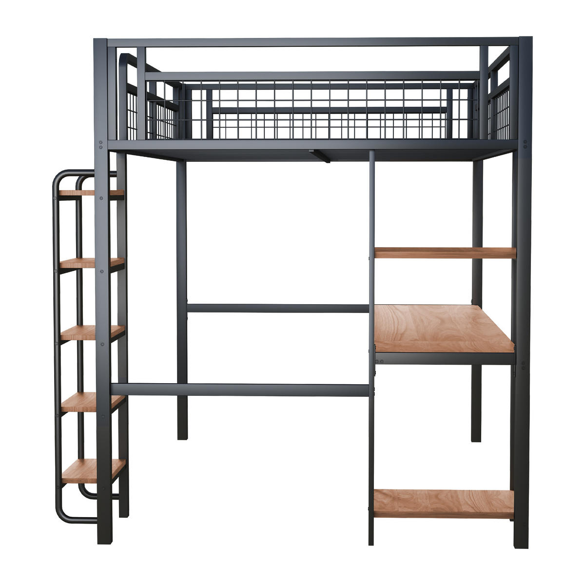 HOCHBETT 140/200 cm DE-01342, in Schwarz, mit Sicherheitsleiter, Tisch und Regalen - Schwarz, Metall (140/200cm) - ComfortXL