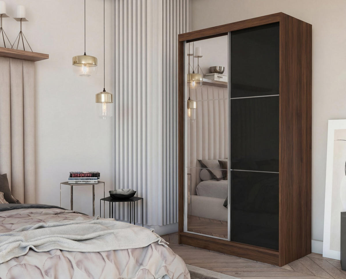 SCHWEBETÜRENSCHRANK VITALE 120/216/61 cm Modern Kleiderschrank 2-türig mit Spiegel Nussbaumfarben - Nussbaumfarben, Holzwerkstoff (120/216/61cm) - MASSENO