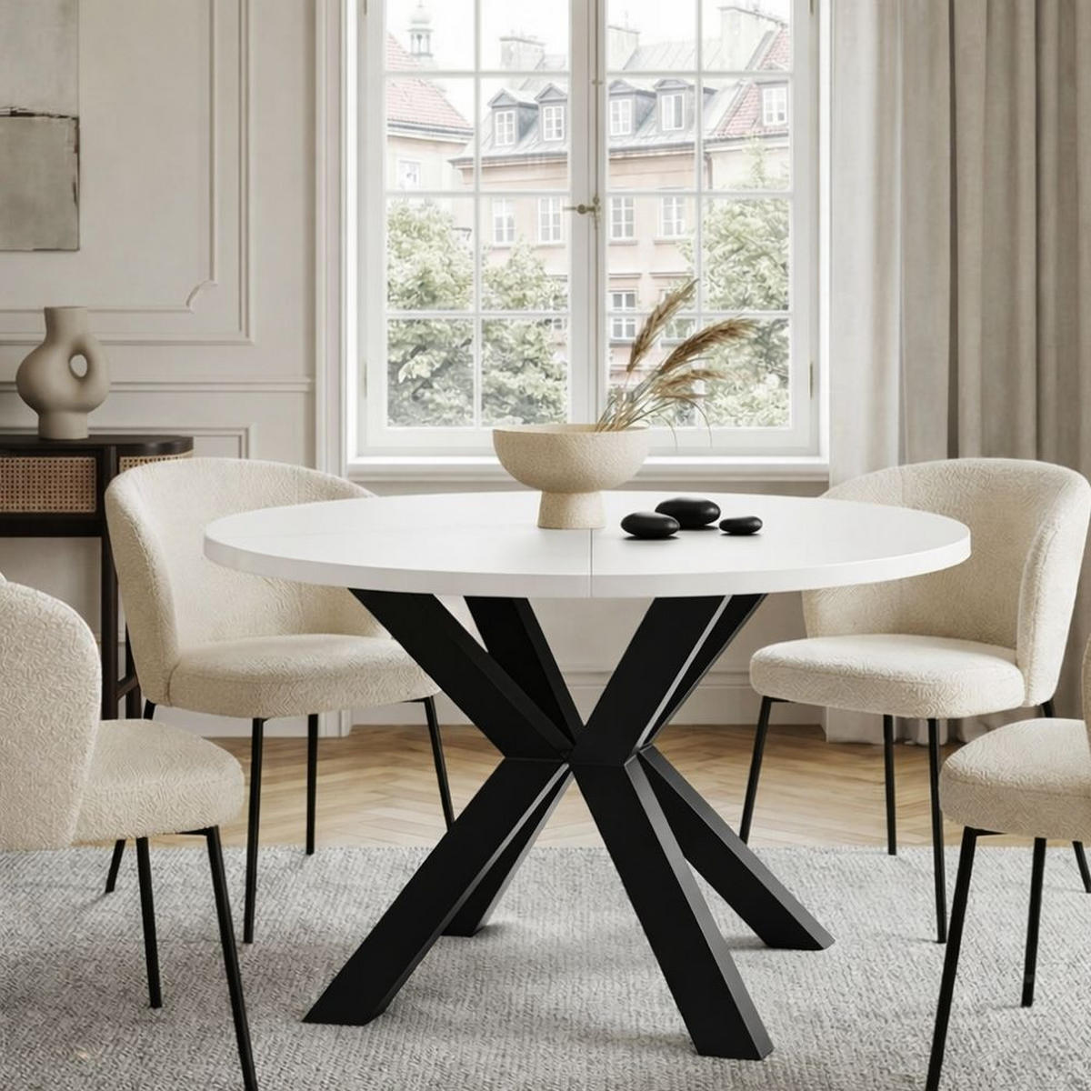 ESSTISCH RAL mit Holzbeinen, Durchmesser: 100 / 150 cm Weiß / Schwarz - Schwarz/Weiß, Holz (100/150/77cm) - Dekori_Interiors