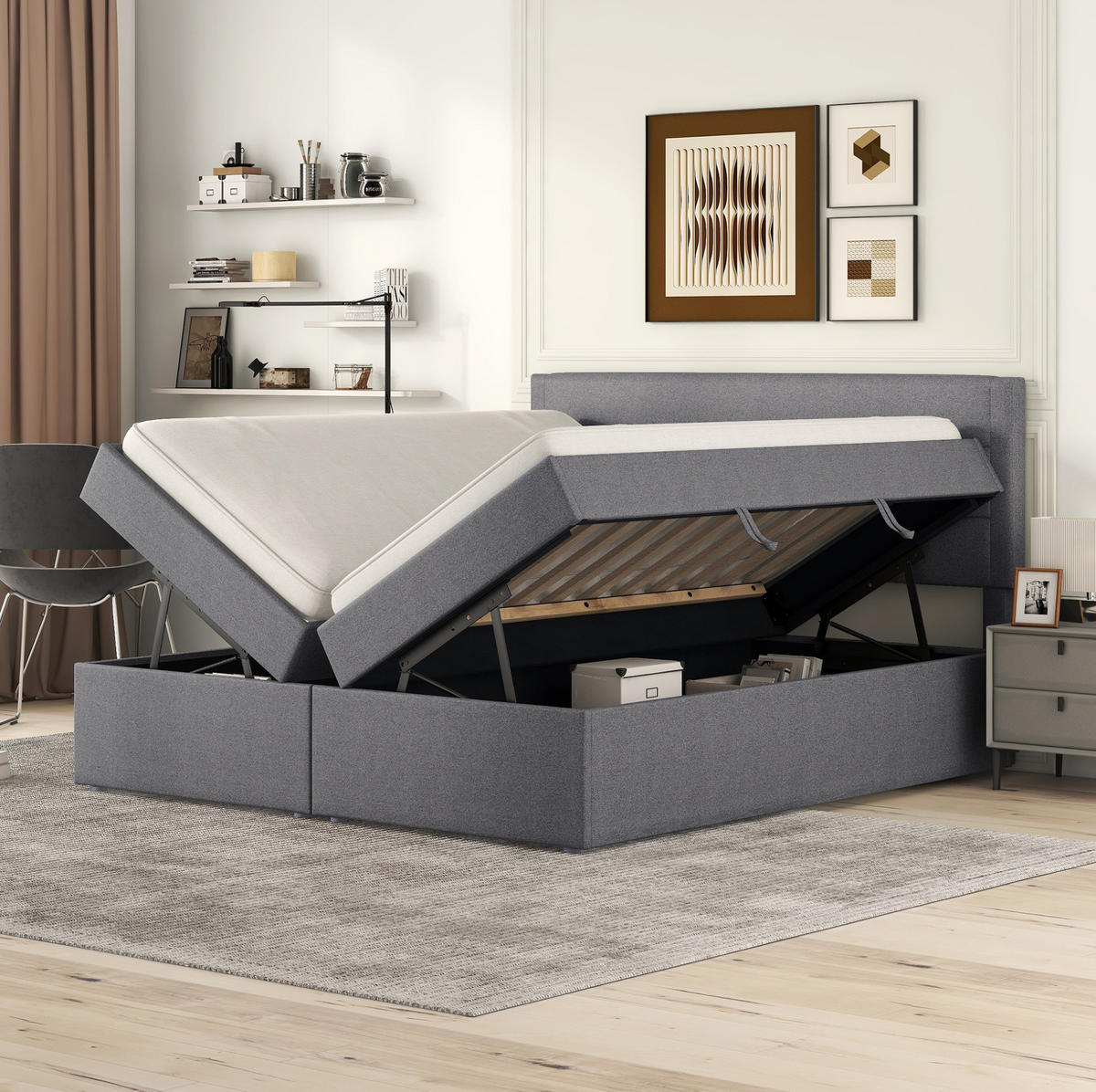 POLSTERBETT aus Leinen, Massivholz und MDF 140x200 cm Grau mit beidseitig öffnendem Bettkasten und Lattenrost - Grau, Holzwerkstoff (140/200cm) - Modfu